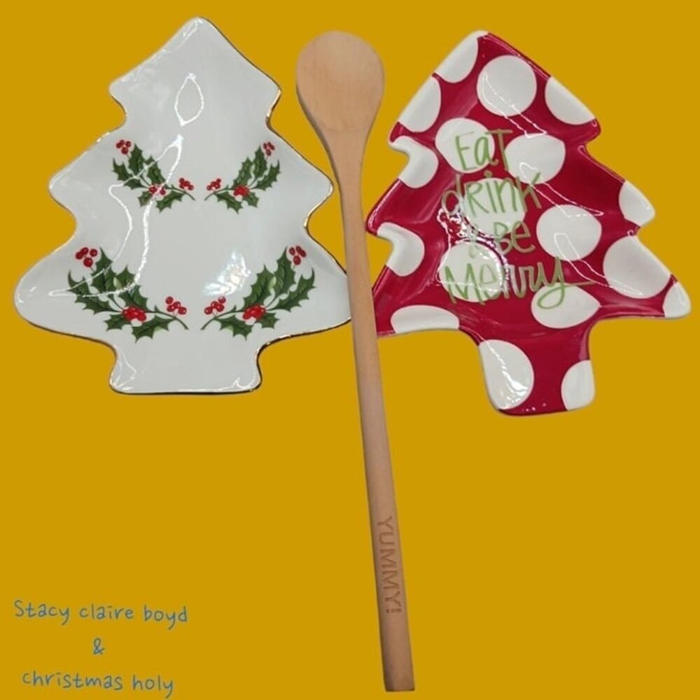 Stacy claire & christmas holy 2 spoon rest with wooden spoon red & wht